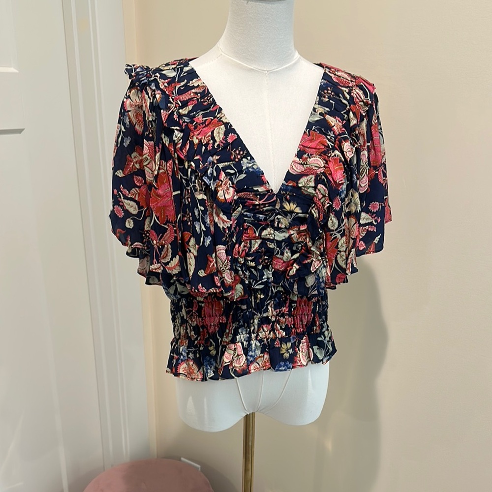 Blue and Orange Flutter Sleeve Smocked Blouse